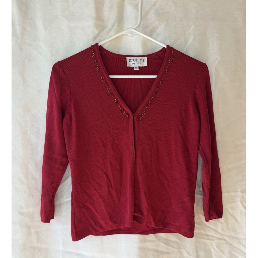 Studio I Petite Womens 6P Burgundy Beaded Top 3/4 Sleeve Career Office
